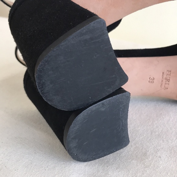 EUC Furla Italy sz 39 sandal heels black suede chunky heel strappy ankle strap - Picture 13 of 14